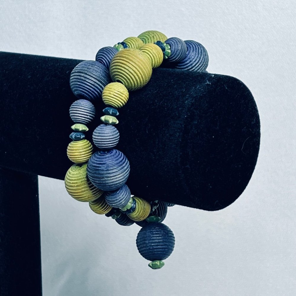 Blue And Green Beaded Memory Wire Wrap Bracelet
